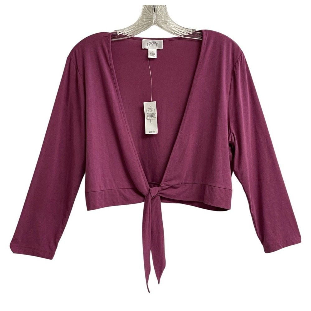LOFT Ann Taylor Pink Plum Knit Tie Front Sweater Shrug Large NWT Cropped